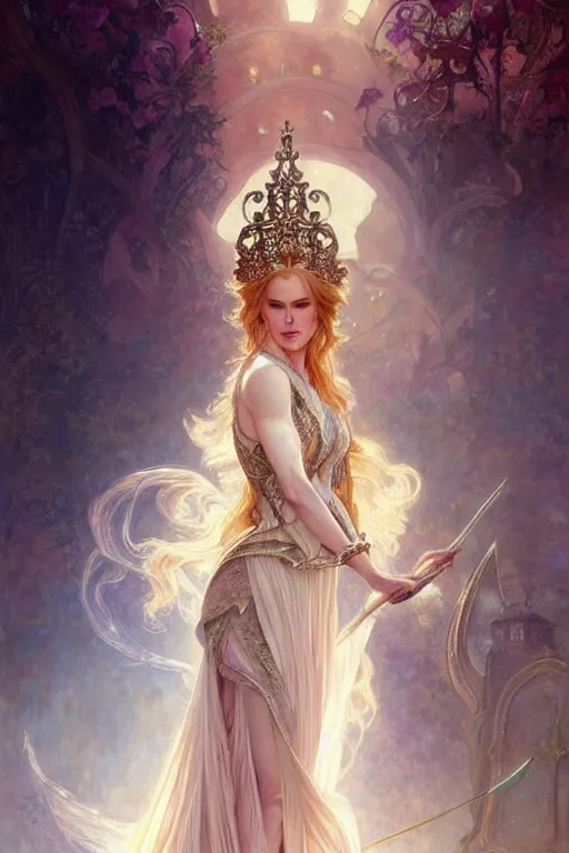 Prompt: nicole kidman as a princess, fantasy, intricate, elegant, highly detailed, digital painting, artstation, concept art, matte, sharp focus, illustration, art by artgerm and greg rutkowski and alphonse mucha