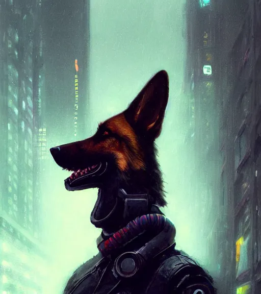 Image similar to new york city portrait of furry anthro anthropomorphic german shepard head animal person fursona wearing clothes strange cybernetic muzzle gloomy rainy cyberpunk digital art by Greg Rutkowski, Simon Stalenhag, christopher nolan trending on Artstation, CGSociety