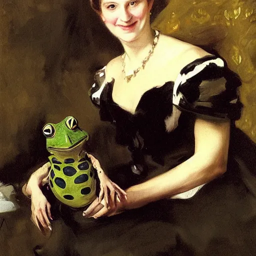 Image similar to a painting of a smiling lady with her giant pet frog, by john singer sargent,