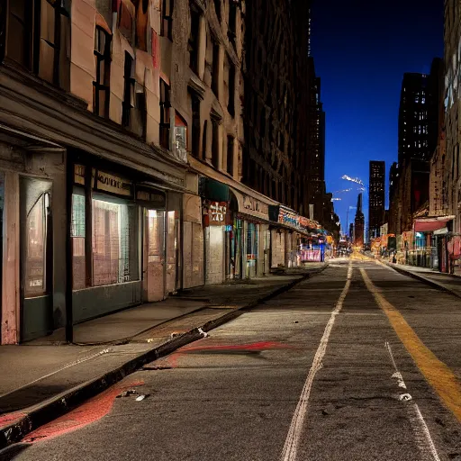 Image similar to color photograph of highly detailed abandoned New York city street at night after the war between humans and AIs, natural light, film grain, soft vignette, sigma 85mm f/1.4 1/10 sec shutter, film still promotional image, IMAX 70mm footage