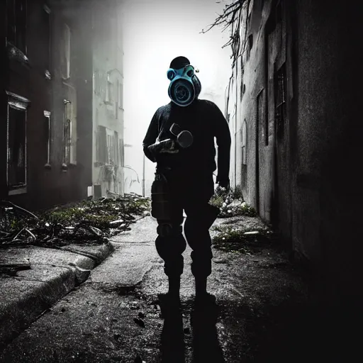 Image similar to A misterious man wearing a gas mask using a flashlight is standing on the midle of a stair alley looking in the direction of the camera :: outside, blue sky visible :: Ruined city with vegetation and trees growing all over the place in the distroyed buildings :: apocalyptic, disolate :: A long shot, low angle, dramatic backlighting, simetric photography, night time, slighty colorful :: cinematic shot, very detailed