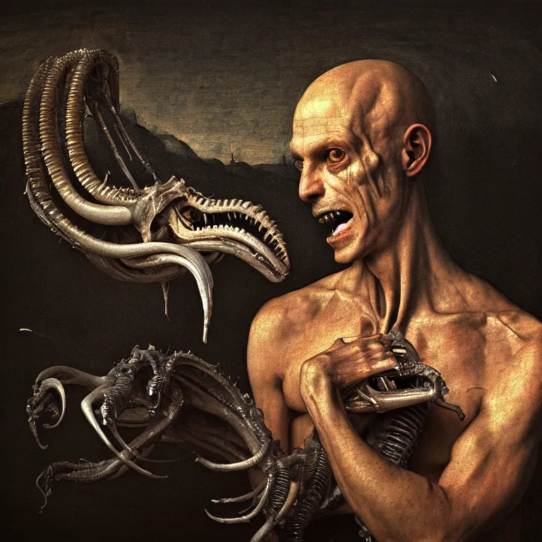 Image similar to portrait of a man covered by xenomorph by hieronymus bosch, soft bloom lucid dream - like ethereal dark atmosphere, baroque portrait painting, perfect composition, intricate detailed octane render trending on artstation, 8 k artistic photography, volumetric cinematic perfect light, chiaroscuro, masterpiece, raphael, caravaggio, rutkowski, beeple, beksinski