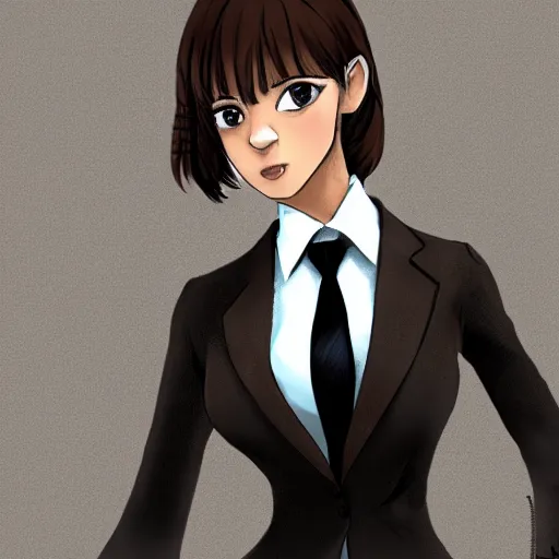 Prompt: woman in black business suit, chill, light brown neat hair, pixiv, fanbox, trending on artstation, portrait, digital art, modern, sleek, highly detailed, formal, determined, blue tie, lawyer, colorized, smooth, charming, pretty, briefcase, safe for work