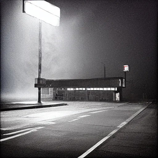 Prompt: “soviet gas station, fog, night, red lights, digital photography”