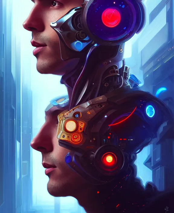 Image similar to a whirlwind inside the metaverse, guy, male, man, hologram, half body, neurochip, android, cyborg, cyberpunk face, by loish, d & d, fantasy, intricate, elegant, highly detailed, colorful, digital painting, artstation, concept art, art by artgerm and greg rutkowski and alphonse mucha