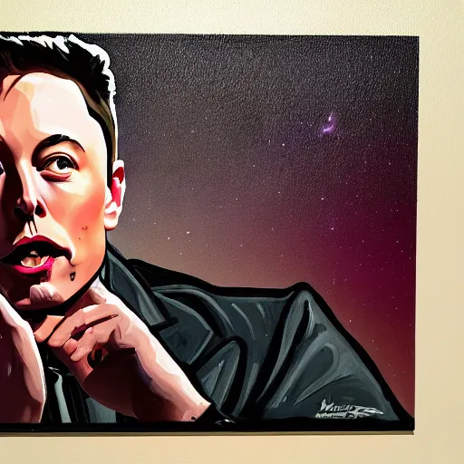 Image similar to a beautiful complex painting of elon musk sitting down and using his phone the back home is a window of the outside