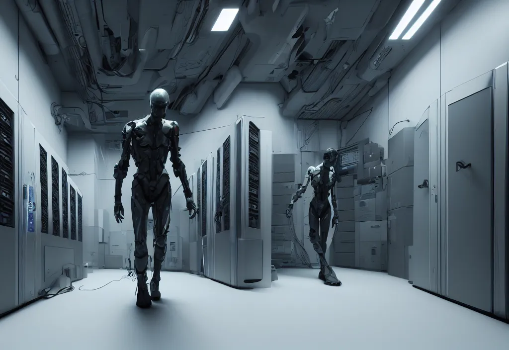 Image similar to android walking in server room in datacenter, shot by cyberpunk syle, character design, proportional body, whole body, whole figure, very realistic cinematic concept art, complementary color, realistic detailed, sharp lines, trending on artstation, volumetric lighting, style by vitaly bulgarov artstaion film by neil blomkamp style, octane render