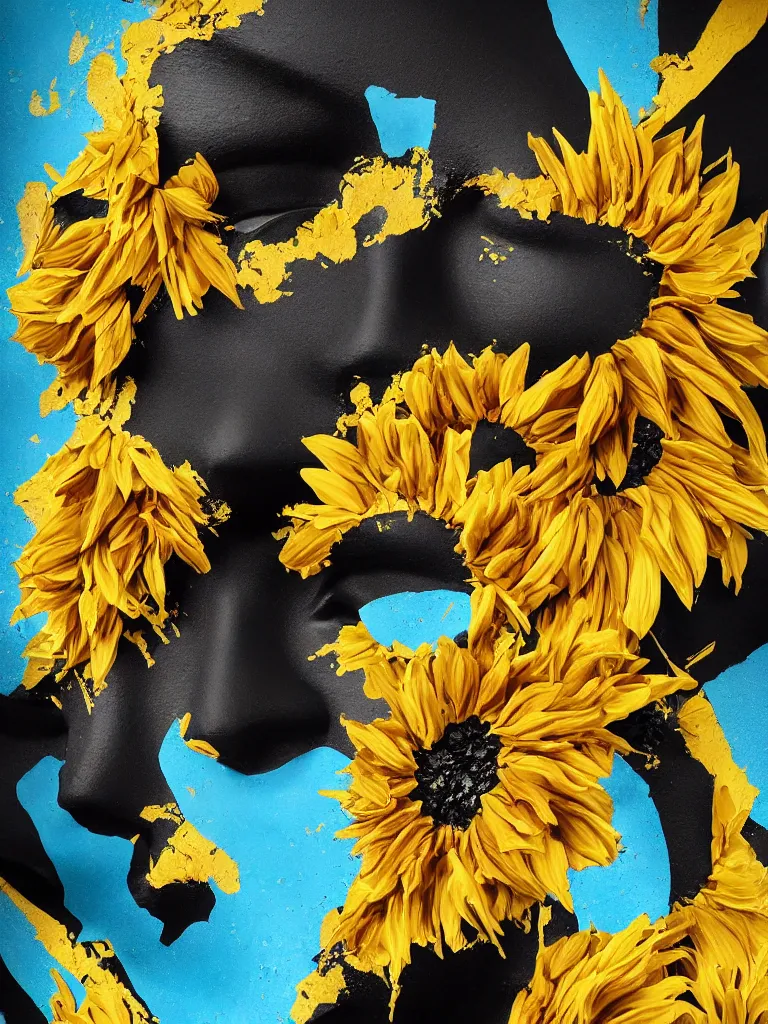 Image similar to symmetrical painting of a fractured dark obsidian greek statue of asian female beauty, yellow gemstones spikes, crystallic sunflowers, lightblue dripping acrylic paint and black tar, repaired with magenta kintsugi, rendered in octane trending on cgsociety. extremely detailed and intricate art, corruption, sleek