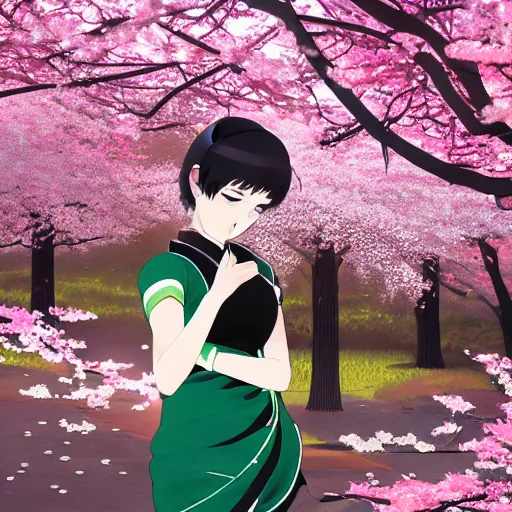 Image similar to anime key visual of a woman with short green hair wearing a black saree meditating near a japanese spring surrounded by cherry blossom trees by ilya kuvshinov and satoshi kon