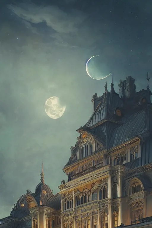 Image similar to fantasy, rococo palace, art deco style, cloud sky and moon night background, high detail, cinematic lighting, concept art, digital art, illustration, smooth, sharp focus, greg rutkowski, alphonse mucha, loish, wlop, trending on artstation, trending on deviantart