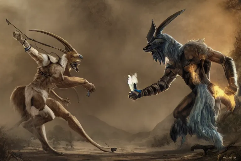 Image similar to battle to the death between anubis and bob ross, 4 k, hd, concept art