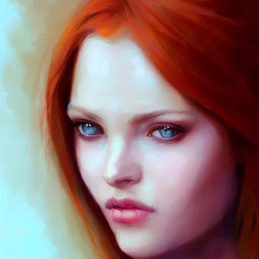 Prompt: Portrait of beautiful woman, redhead by Mandy Jurgens