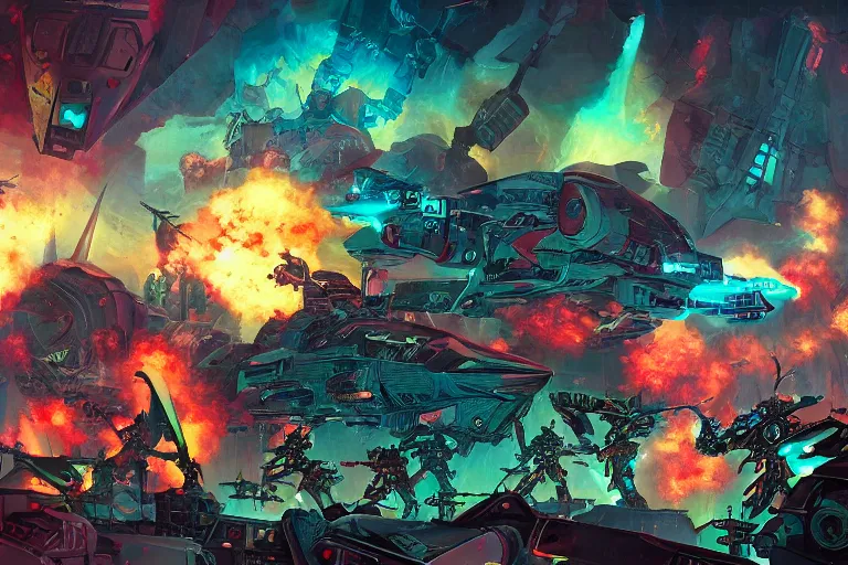 Prompt: futuristic battlefield, warhammer 4 0 k, chaos faction, colorful, epic, digitally painted by tim doyle, kilian eng and thomas kinkade, centered, uncropped