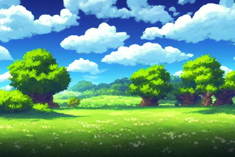 Image similar to landscape, summer, morning, beautiful cloud, quiet, no people, Anime Background, illustration, sharp focus, intricate, super wide angle, trending on artstation, trending on deviantart, pixelart, pixelperfect, pixel art, pixel, color limit, nearest neighbor, hard edges, art of Kirokaze pixel, art of Regular FHC, art of Pixel Jeff Franek, art of Aaron Hain, art of kryssalian