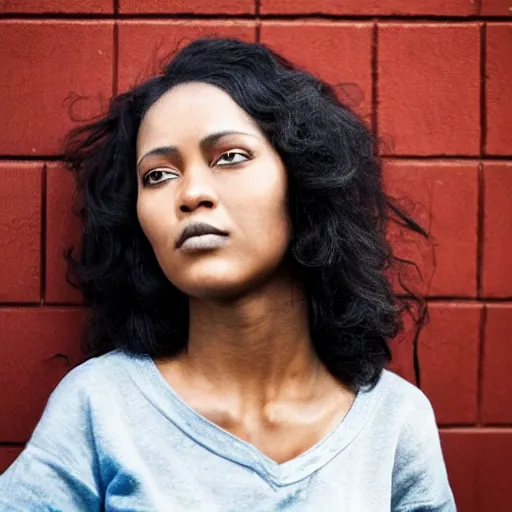 Image similar to color portrait Mid-shot of an beautiful 30-year-old woman black hair, street portrait in the style of Martin Schoeller award winning