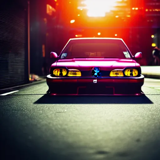 Prompt: a car Nissan Silvia at illegal car meet, Shibuya prefecture, city sunset, cinematic color, photorealistic, highly detailed