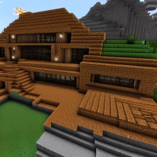 Image similar to minecraft mansion made out of netherrack, lit with redstone and torches