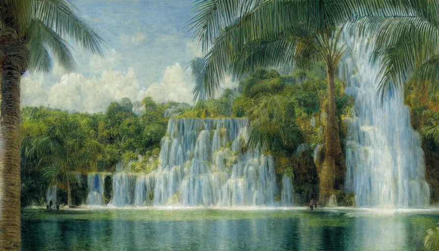 Image similar to a ultradetailed beautiful painting of the diamonds waterfall in the amazonas palace balustrade designed by jules bastien - lepage, tarsila do amaral, frank weston and gustave baumann, beach, trending on artstation, mediterranean, palm trees, sharp focus, soft light, 8 k 4 k