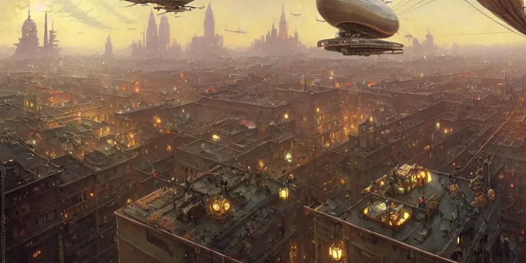 Image similar to steampunk airship above a busy city, exquisite details, denoised, mid view, by norman rockwell, karl kopinski, artsation, greg rutkowski, makoto shinkai, takashi takeuchi, studio ghibli