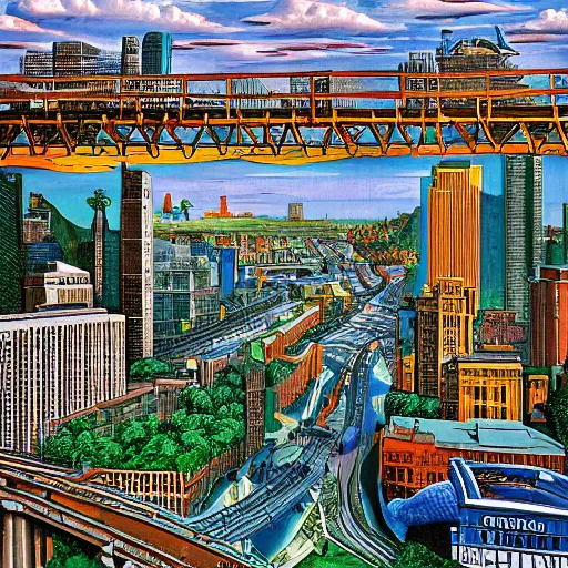 Prompt: placid carboniferous by john philip falter. a installation art of a cityscape. the installation art shows a view from an elevated train line of the city below.