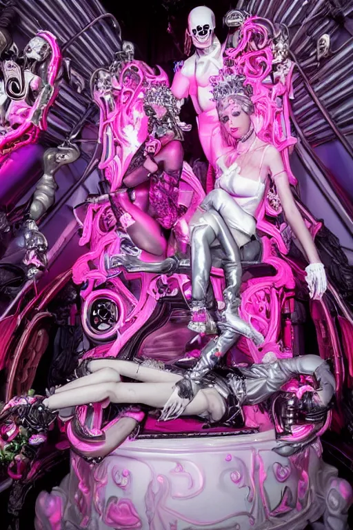 Prompt: full-body rococo and cyberpunk style neon statue of a young attractive Joe Jonas macho dotado e rico android sim roupa reclining con las piernas abertas e la piroca dura, glowing white laser eyes, prince crown of pink gears, diamonds, swirling silver-colored silk fabric. futuristic elements. full-length view. space robots. human skulls. intricate artwork by caravaggio. Trending on artstation, octane render, cinematic lighting from the right, hyper realism, octane render, 8k, depth of field, 3D