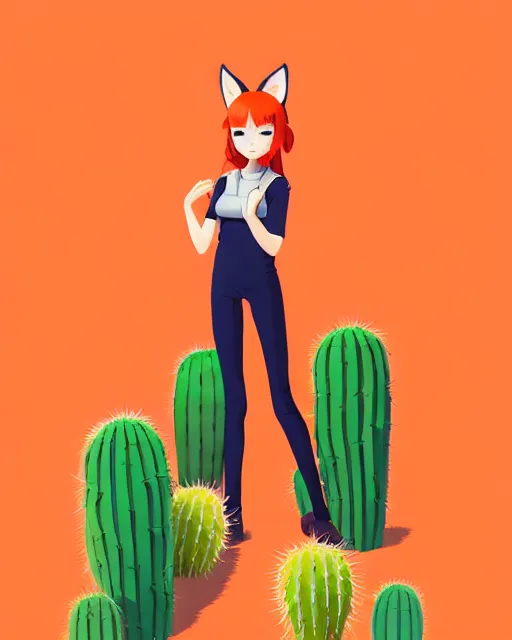 Image similar to portrait of cute redhead foxgirl in orange jumpsuit with fox ears by ilya kuvshinov, holding a cactus, cloudy sky background lush landscape illustration concept art anime key visual trending pixiv fanbox by wlop and greg rutkowski and makoto shinkai and studio ghibli