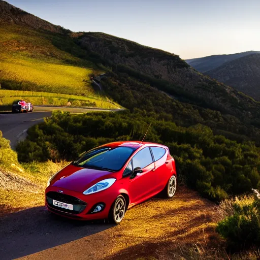 Image similar to red ford fiesta mk 5 zetec on a mountain road, spain, award winning photograph, golden hour