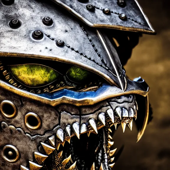 Image similar to photo of a warrior with metal crocodile theme armour, 4 k, hdr, smooth, sharp focus, high resolution, award - winning photo