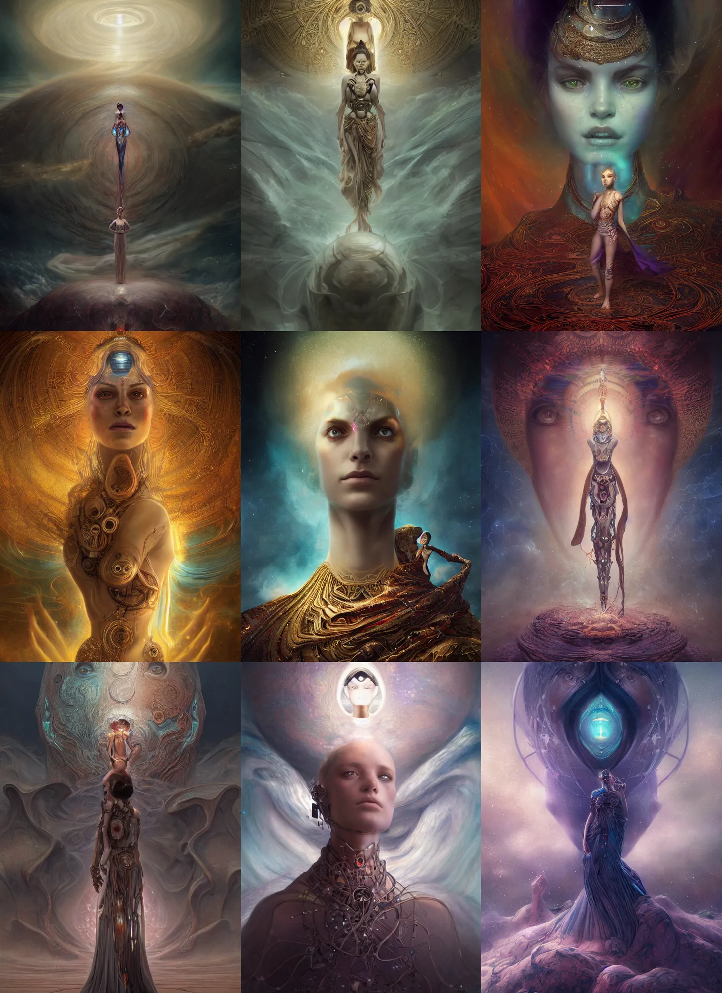 Prompt: epic beautiful portrait of menacing and anxious biomechanical Djinn overseeing the fabric of the universe by charlie bowater, mandy jurgens, gustav klimt, octane render, dramatic camera angle, iridescent, 4k, 8k, high detail, HDR, by tom bagshaw, powerful, with inspiration from Beksinski