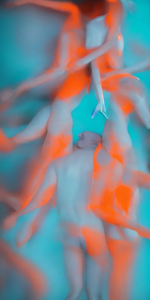 Prompt: gorgeous human bodies intertwined, long exposure photograph, anamorphic bokeh, orange and cyan lighting