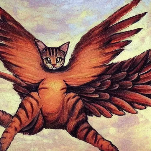 Image similar to a very detailed, painting of a cat with wings flying though the sky in michelangelo style of painting