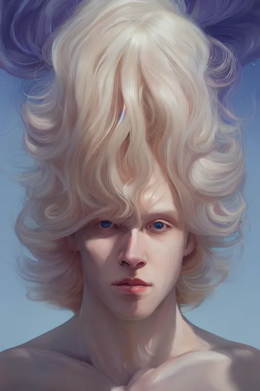 Image similar to prompt portrait of a beautiful androgynous blond man, albino pale white skin and long fluffy curly blond hair, Center parted curtain bangs, close up view, head and upper body, looking upward, fullface, light from above, by Peter Mohrbacher, trending on artstation, 8k