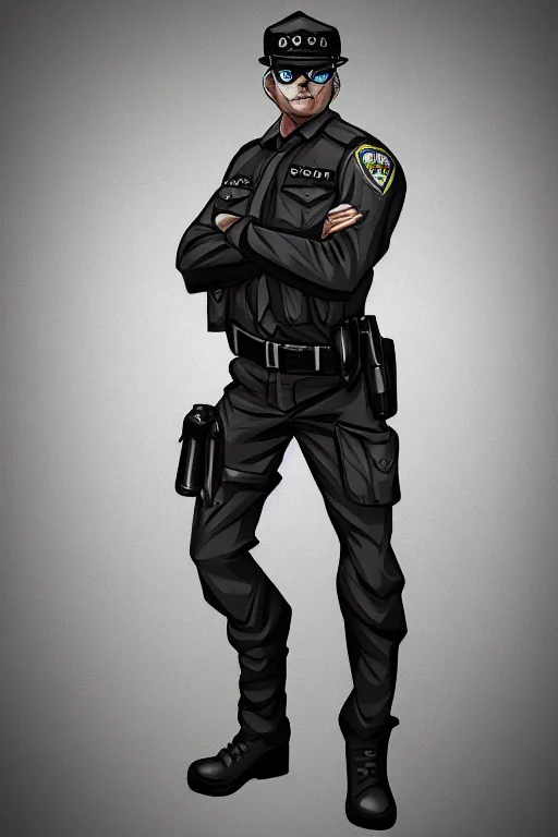 Image similar to police officer posing like super hero, highly detailed, digital art, sharp focus, trending on art station, anime art style