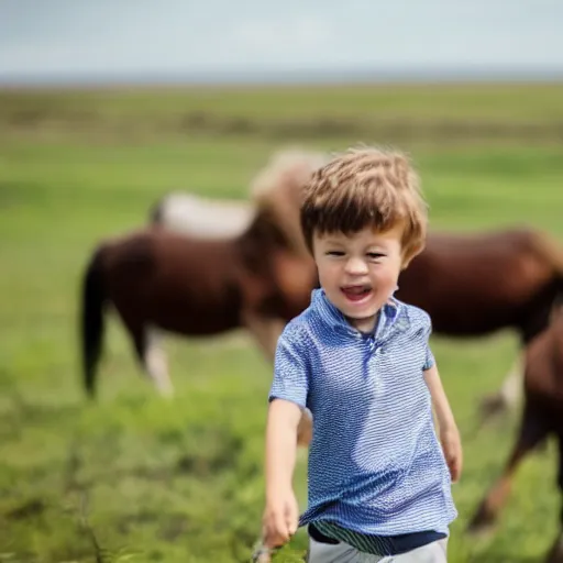 Image similar to a little boy was flying across a herd of galloping horses.