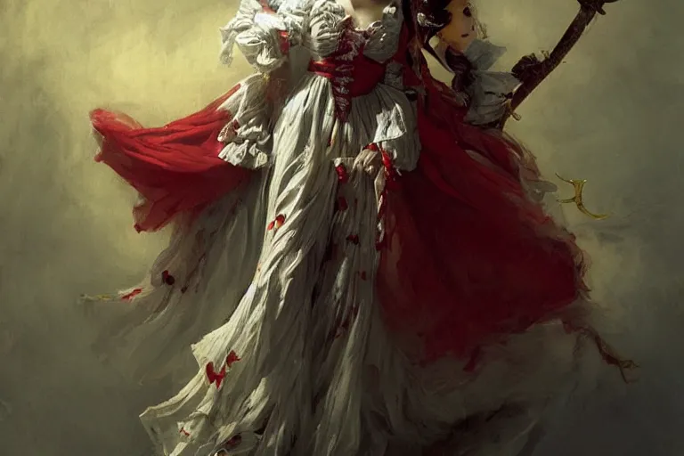 Image similar to a vampire with long light white hair and a red scarf, windy, ribbons, melancholic, modern maximalist harlequin fashion dress, is ( ( holding a golden sword ) ). light dust, magnificent, hyperdetailed, theatrical, painted by jean honore fragonard and greg rutkowski