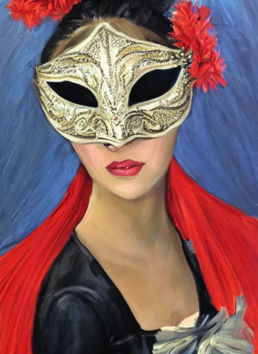 Image similar to a beautiful woman wearing an elaborate masquerade mask and matching ballgown, looking at the viewer with an alluring expression. painting by magali villanueve