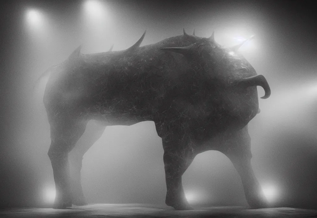 Prompt: light coming out of a bull - like kaiju starfish monster, korean film noir, fog, 4 k, video compression, video glitch, monochrome, orson welles