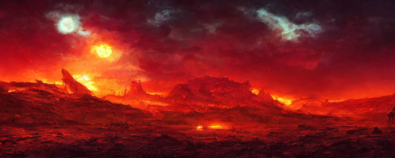 Image similar to ” barren fiery landscape at night, [ cosmic, cinematic, detailed, epic, widescreen, opening, establishing, mattepainting, photorealistic, realistic textures, octane render, art by slop and paul lehr ] ”