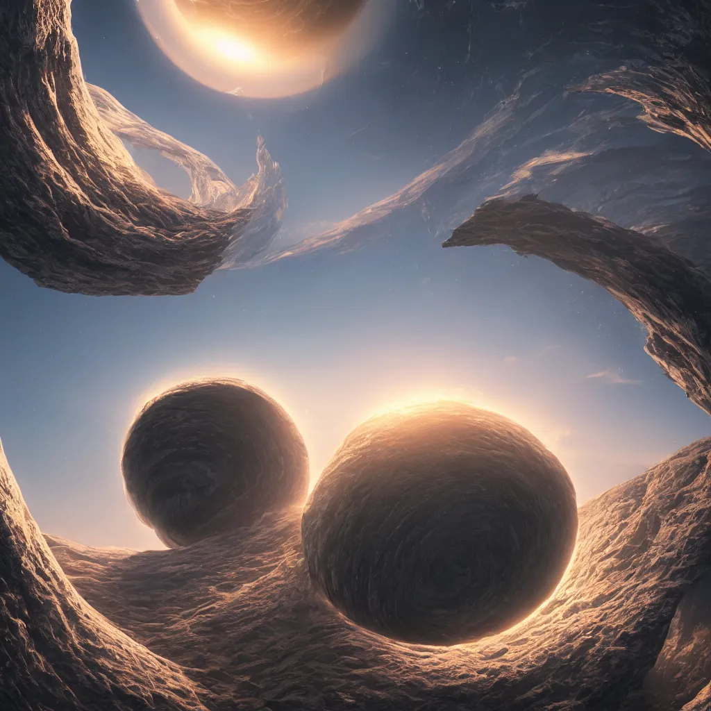 Image similar to An incredibly beautiful but ominous matte painting depicting a torus shaped planet, nvidia, vray, evening, epic scale, octanerender