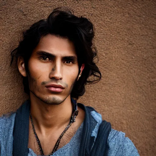 Image similar to color portrait of a very handsome peruvian male model by emmanuel lubezki