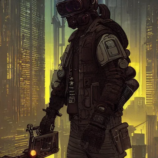 Image similar to cyberpunk mercenary walking the city streets, Industrial Scifi, detailed illustration, Chiaroscuro, concept art, by Martin Grip and Moebius