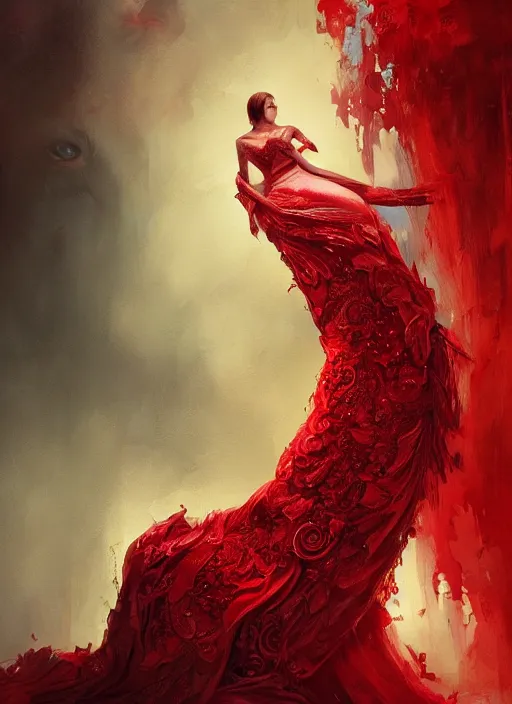 Image similar to woman in love sit upon a scarlet coloured beast, pain, royal dress, light effect, hyper detailed, intricate, atmospheric, elegant, highly detailed, digital painting, artstation, concept art, matte, sharp focus, illustration, by james jean, andrei riabovitchev, marc simonetti, yoshitaka amano