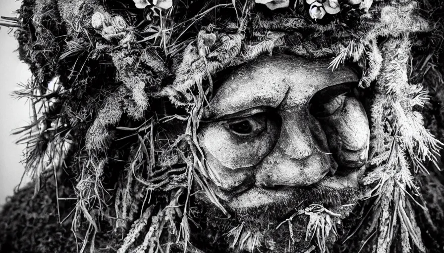 Prompt: portrait of a tyrolean folklore mask, dolomite, forest, wearing hay coat, with horns, eerie, flowers growing out of his body and face, detailed intricate insanely detailed octane render, 8k artistic 1920s photography, black and white, grainy, photorealistic, chiaroscuro, by David Cronenberg, Raphael, Caravaggio