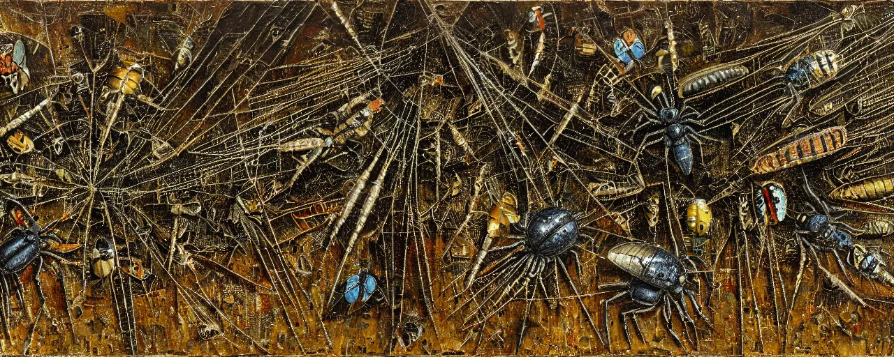 Image similar to strange giant insects, beetles, spiders and flies, swarming in a cornfield, oil painting by max ernst and anselm kiefer, decay, mixed media, textured, sharp focus, highly detailed, photographic emulsion cracked and peeling, rust, cinematic lighting, 8 k, hd