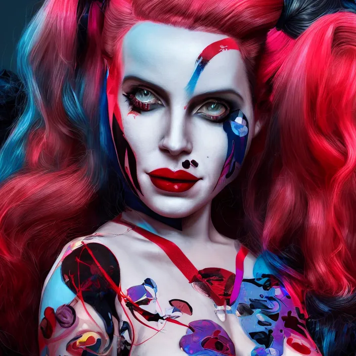 Prompt: portrait of lana del ray as a harley quinn. intricate abstract. intricate artwork. nightmare fuel. by Tooth Wu, wlop, beeple, dan mumford. octane render, trending on artstation, greg rutkowski very coherent symmetrical artwork. cinematic, hyper realism, high detail, octane render, 8k, iridescent accents