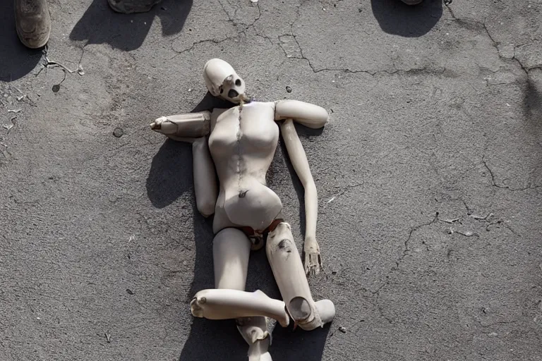 Image similar to vfx movie scene dilapidated mannequin in war torn street, natural lighting closeup by emmanuel lubezki