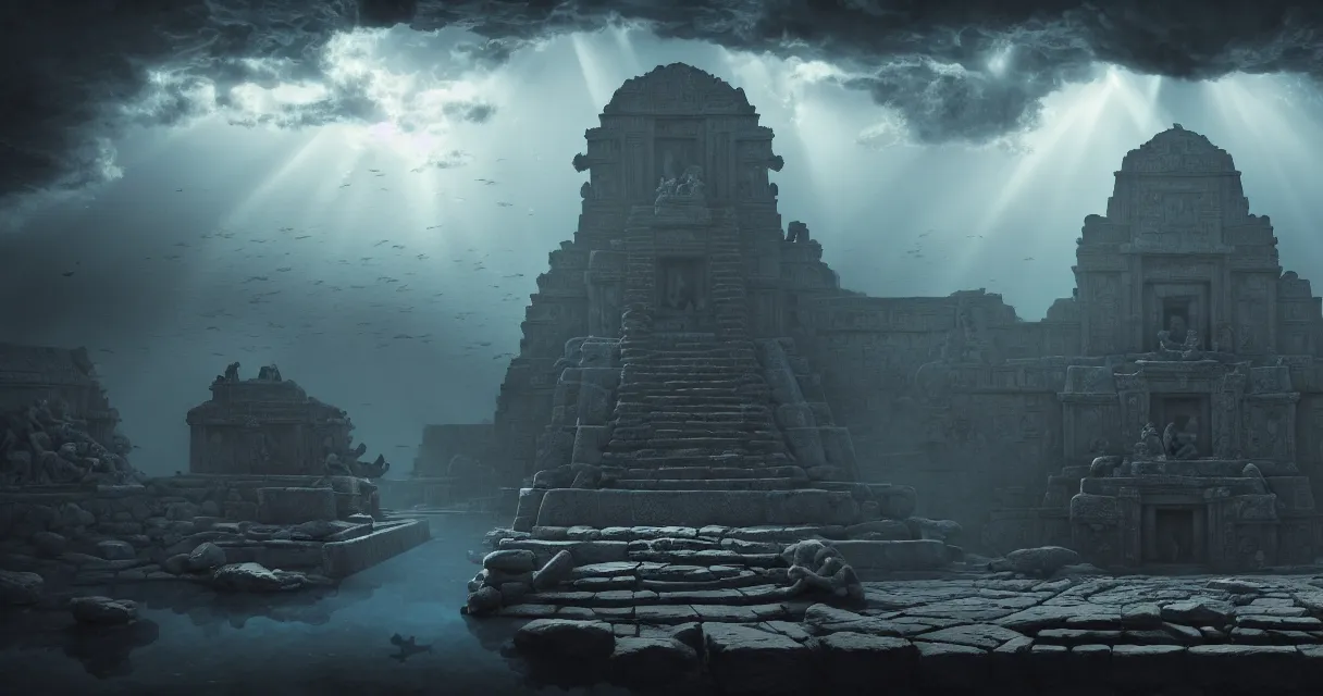 Image similar to low ultrawide shot, dark, street view, underwater statues, submerged pre - incan temple with carvings, abyss, stylized, anime style mixed with fujifilm, detailed gouache paintings, crepuscular rays, dark, murky, foggy, atmospheric, artstation, cgsociety, octane render, cgi, unreal engine 5