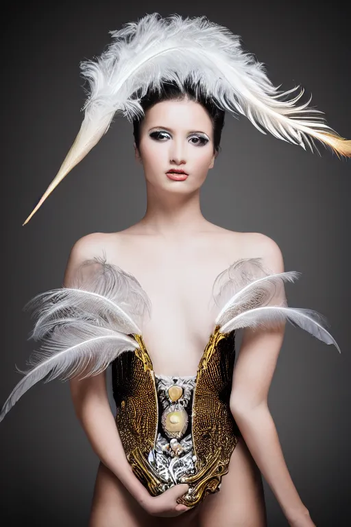 Prompt: beautifull model, wearing baroque feather armor, luxury materials, pearls, symmetrical, cinematic, elegant, professional studio light, real dlsr photography, sharp focus, 4 k, ultra hd, sense of awe, high fashion