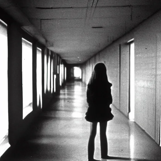 Image similar to 1978 teenage girl holds hands with sad inflatable face boyfriend at high school, color Tarkovsky film, in school hallway, dirty walls, archival footage, technicolor film, 16mm, live action, John Waters, campy movie scene