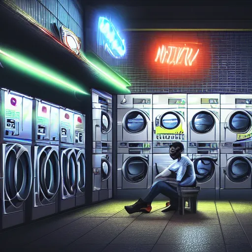 Image similar to sitting alone in a dreary laundromat at night, futuristic cyberpunk city, 4 k, hyperrealistic